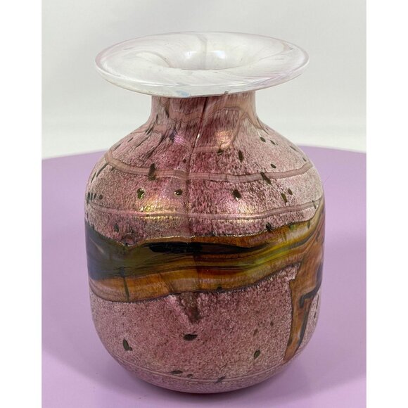 Vintage art glass vase, pink, green, gold, hand blown, signed Gozo Jean - Picture 5 of 10